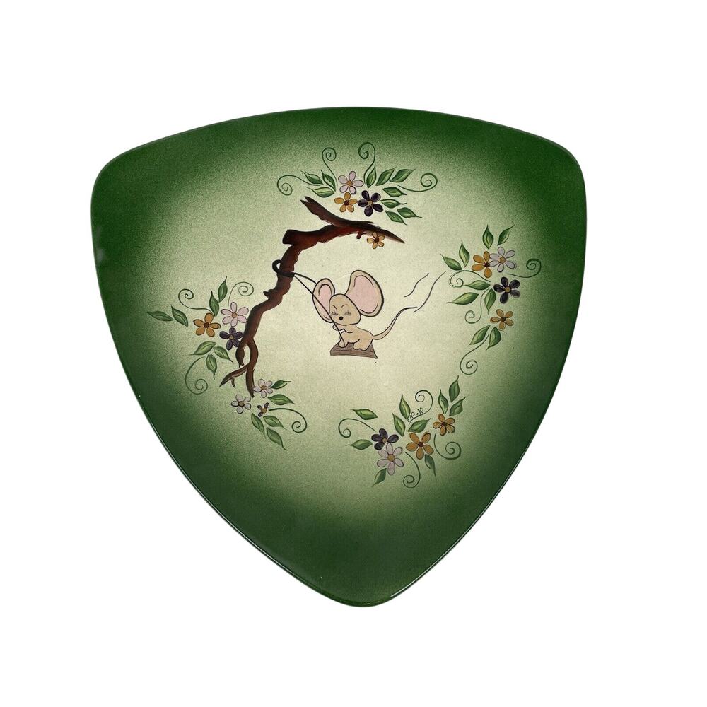 Vintage Holland Mold Hand Painted Triangle Ceramic Plate Mouse On Swing Floral
